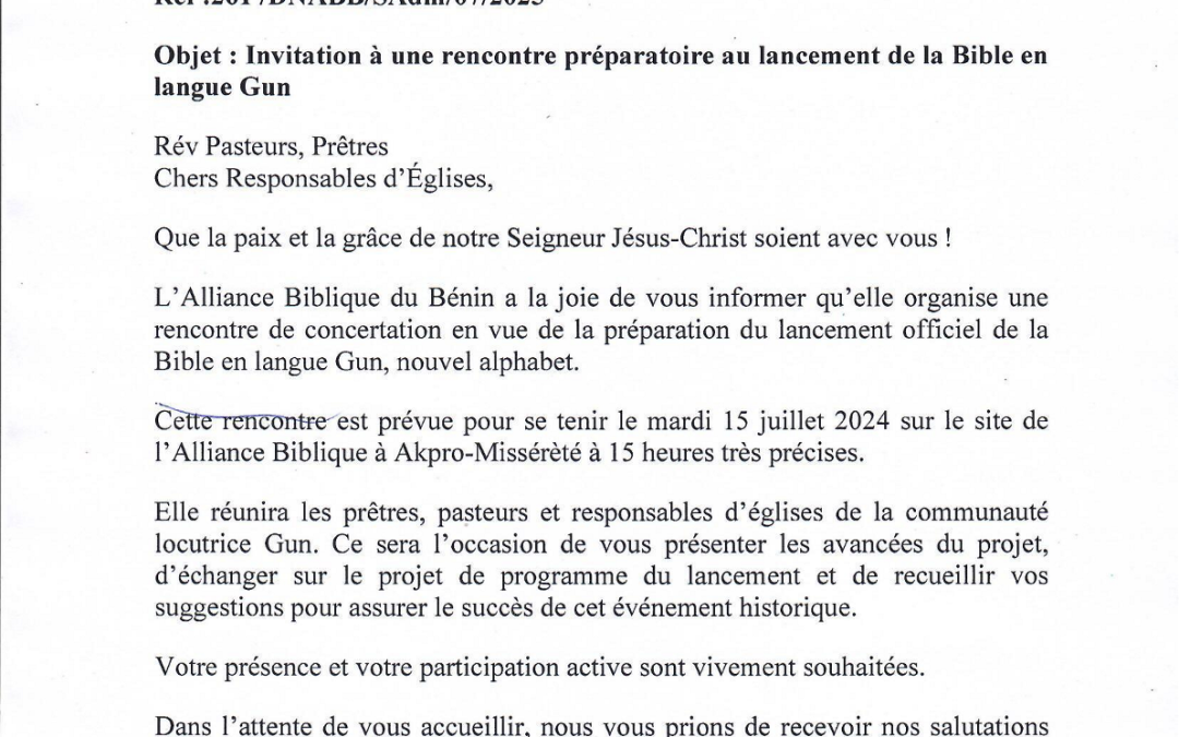 Invitation à une rencontre préparatoire au lancement de la Bible en langue Gun